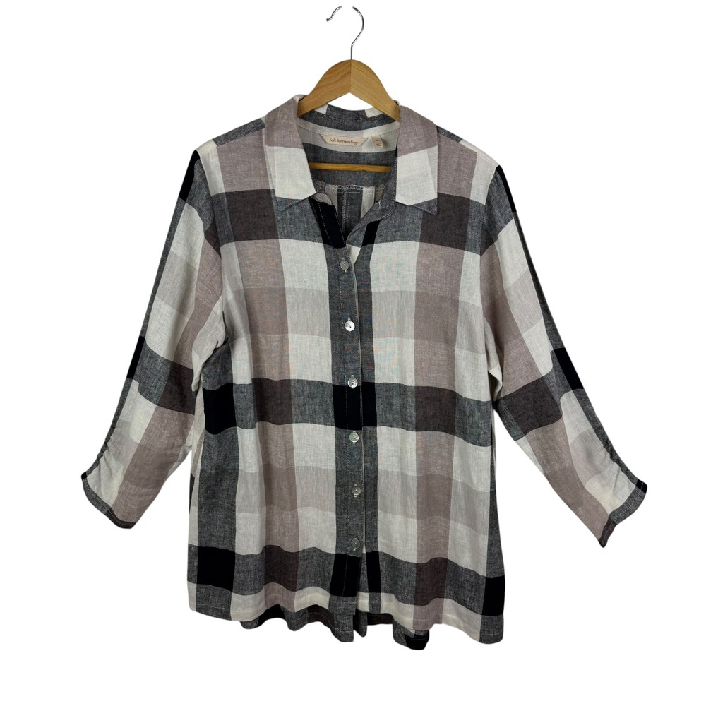 Soft Surroundings Linen Blend Plaid Button Down Shirt Sz XL‎ Back Zip Minimalist